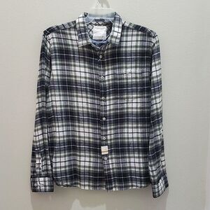 DENIM & FLOWER FLANNEL PLAID SHIRT, Sz L, GREEN/WHITE/BLUE, COTTON, NEW